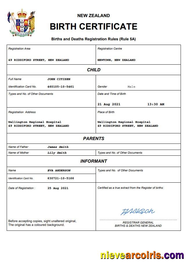 New Zealand birth certificate